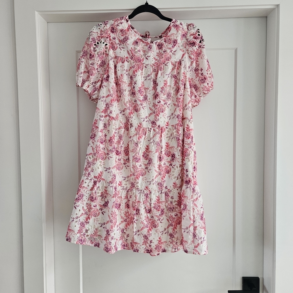 Greylin Pink Floral Eyelet Puff Sleeve Tiered Midi Dress Romantic Cottagecore L